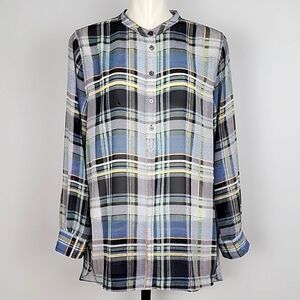 Vince Camuto Women's Semi Sheer Blue White Plaid Long Sleeves Blouse Size XL